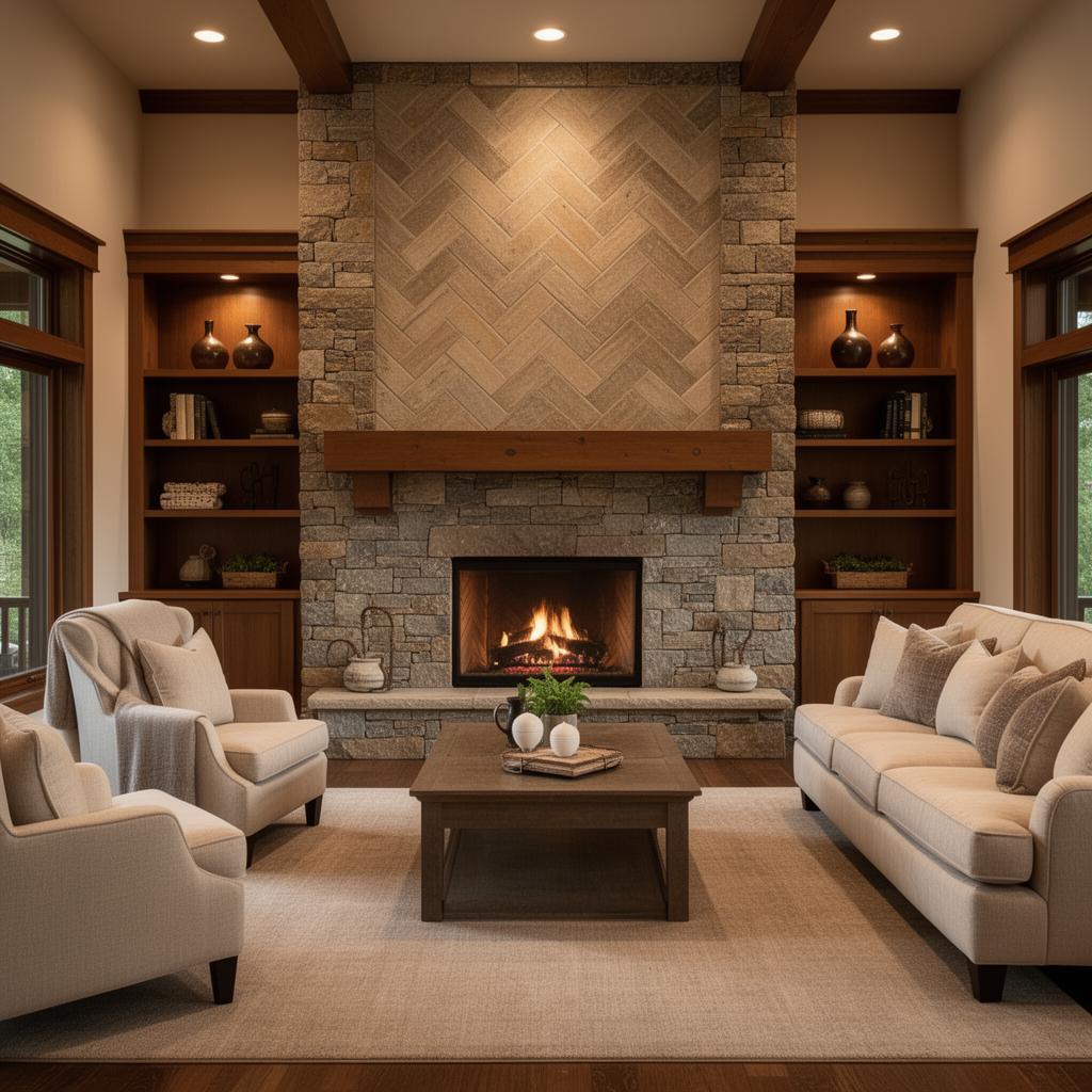 Floor-to-ceiling natural stone fireplace