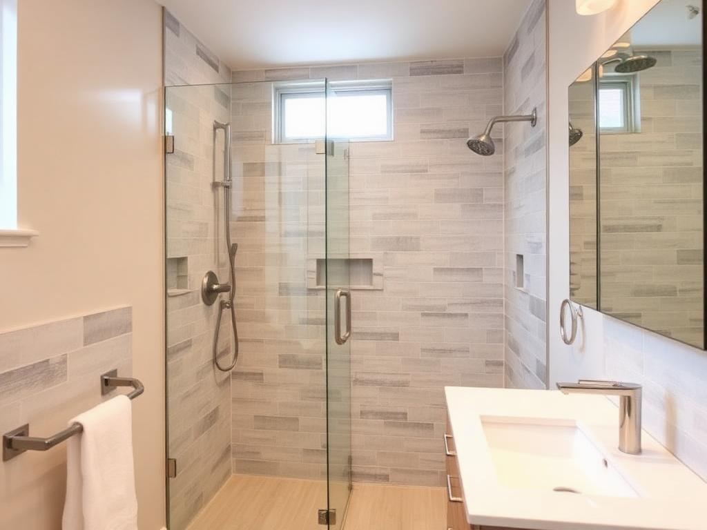 Compact guest bathroom with custom tile shower and modern vanity
