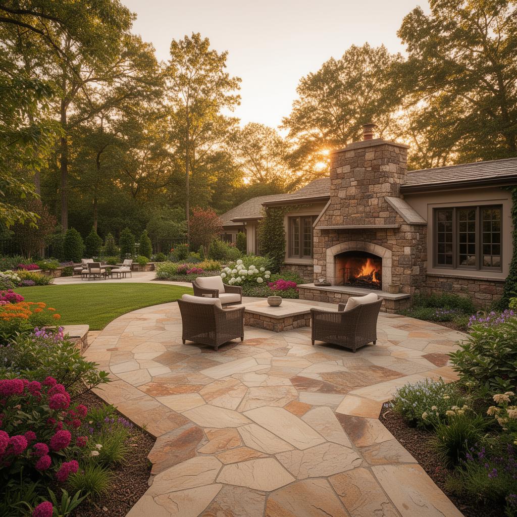 Outdoor stone patio with built-in fireplace