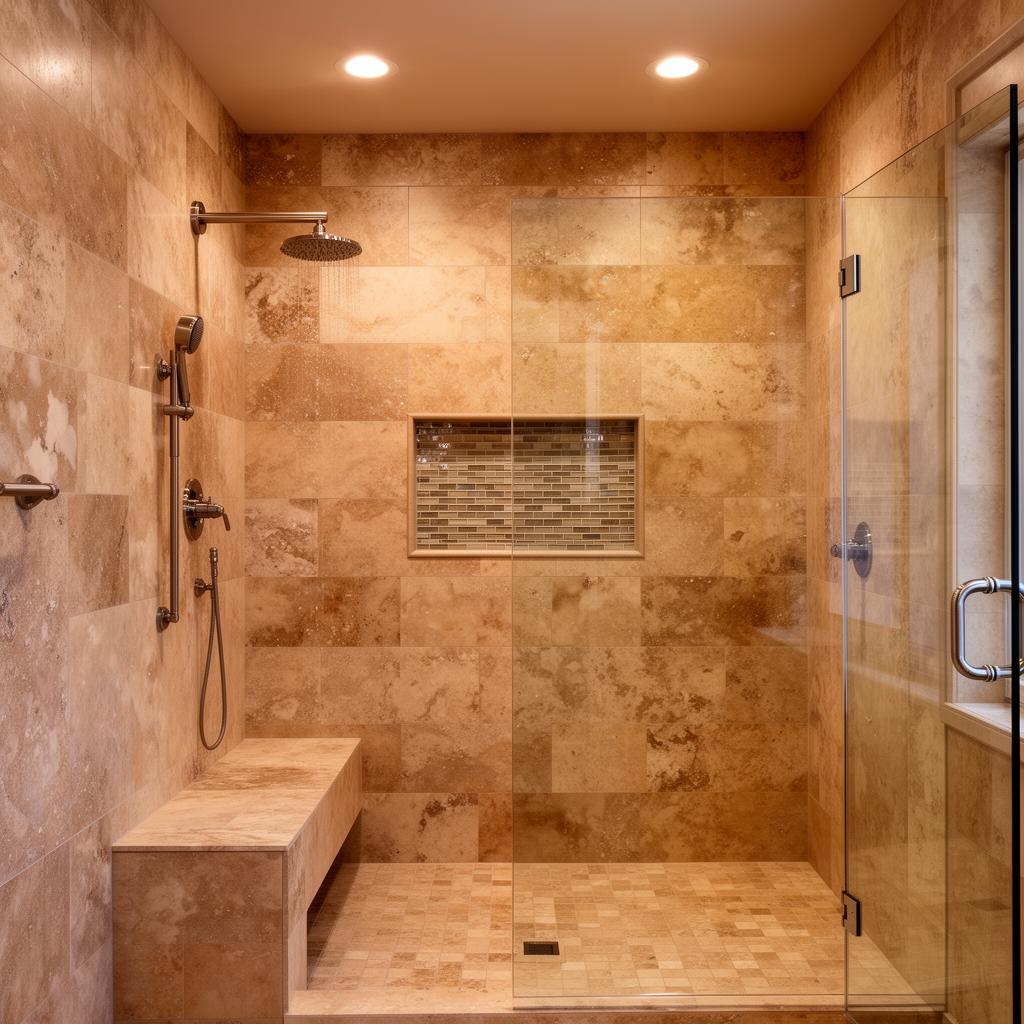 Custom steam shower with floor-to-ceiling natural stone tile