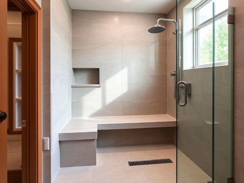 Spacious walk-in shower with bench seat and accent niche